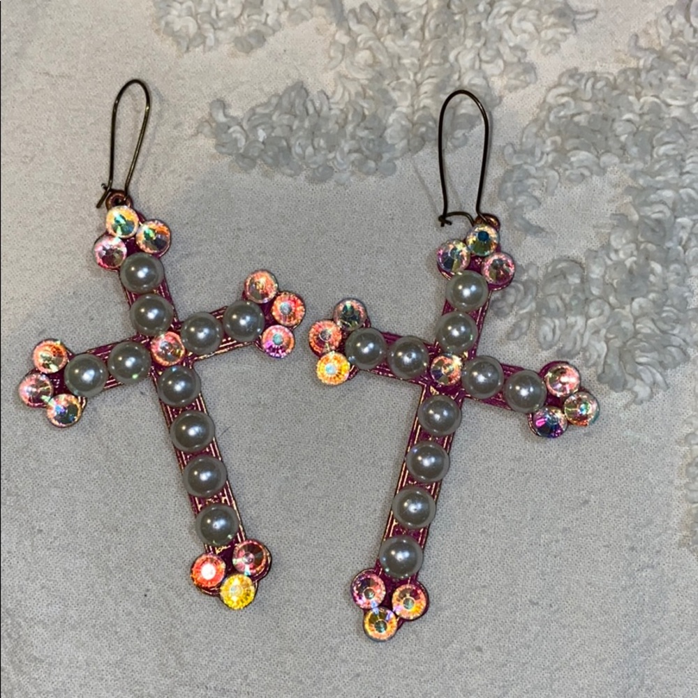 Pink cross earrings
